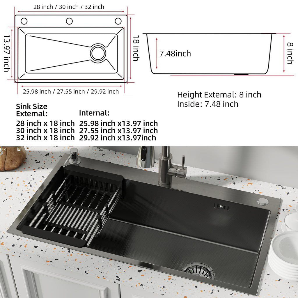 Oasskyo Stainless Steel Black Single Bowl Kitchen Sink