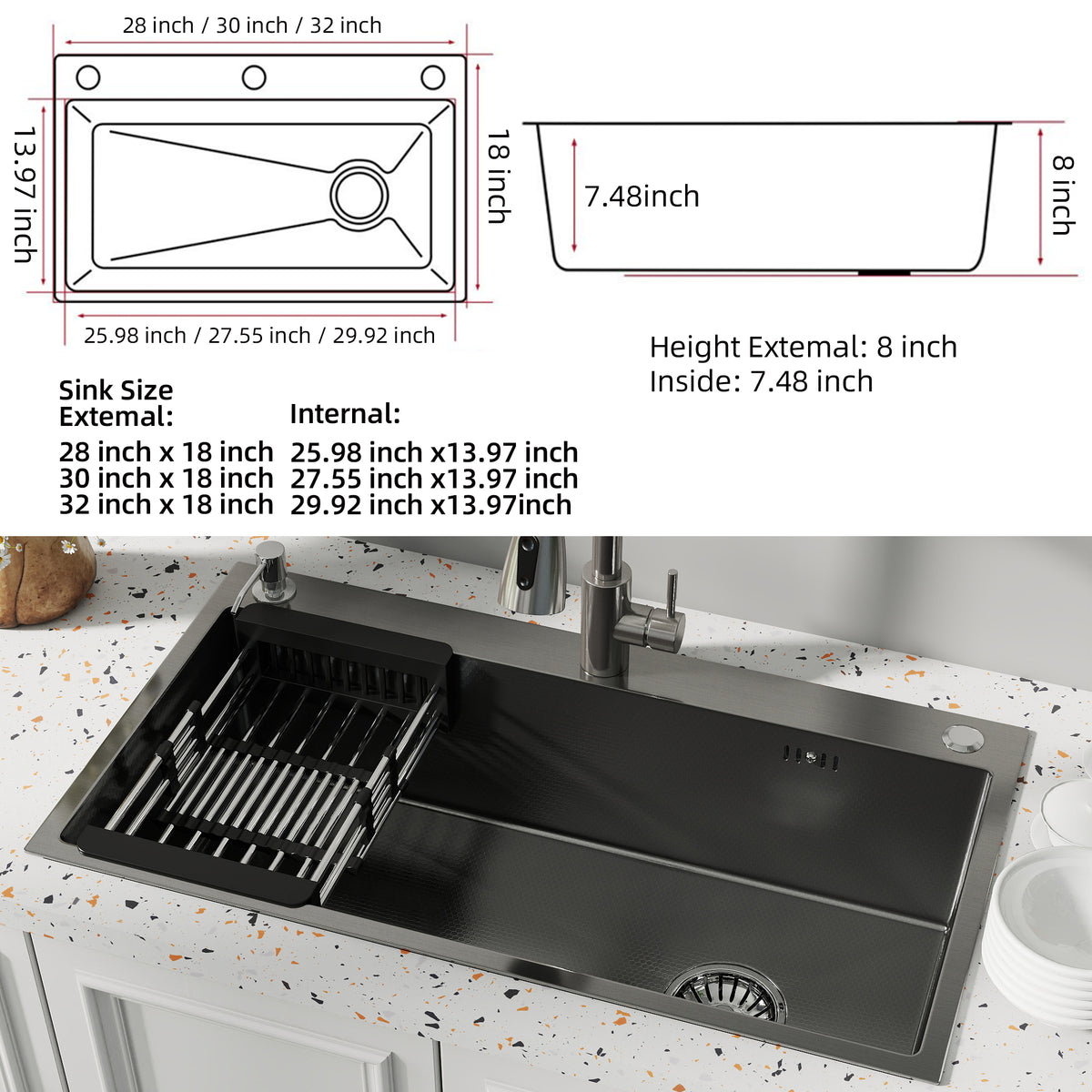 Oasskyo Stainless Steel Black Single Bowl Kitchen Sink