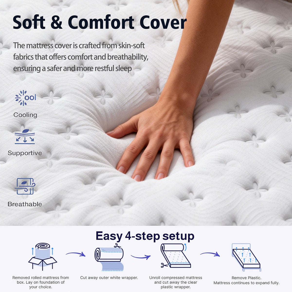 Oasskyo Hybrid Pocket Coil Mattress, Medium‑Soft Memory Foam Mattress for Pressure Relief, Motion Isolation, Bed‑in‑a‑Box