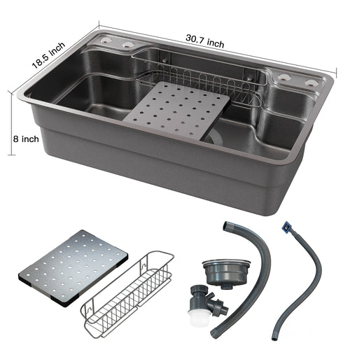 Oasskyo 30 Inch Single Bowl Workstation Kitchen Sink, Black Stainless Steel Drop In Sink with Meat Thawing Rack & Dish Drain Rack