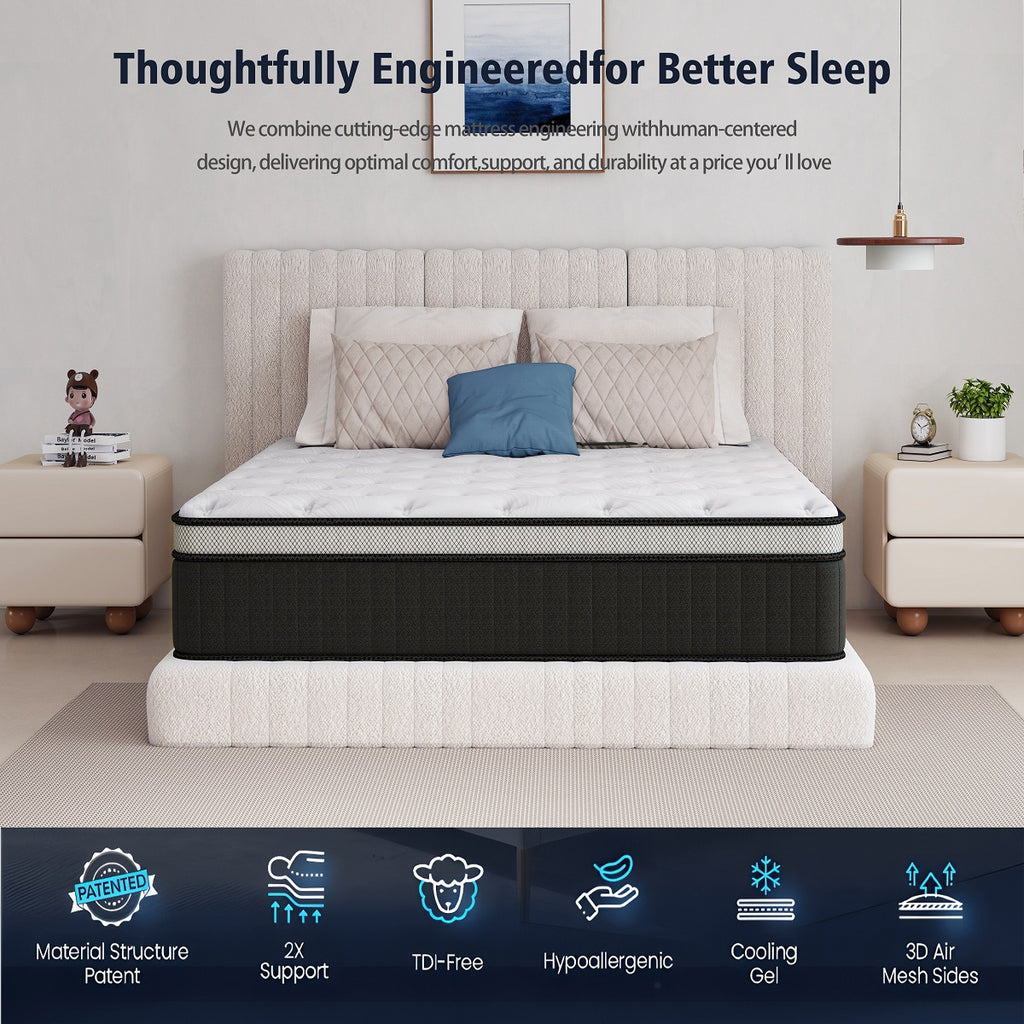 Oasskyo Hybrid Pocket Coil Mattress, Medium‑Soft Memory Foam Mattress for Pressure Relief, Motion Isolation, Bed‑in‑a‑Box