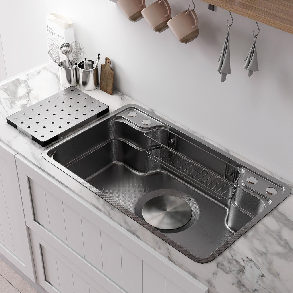 Oasskyo 30 Inch Single Bowl Workstation Kitchen Sink, Black Stainless Steel Drop In Sink with Meat Thawing Rack & Dish Drain Rack