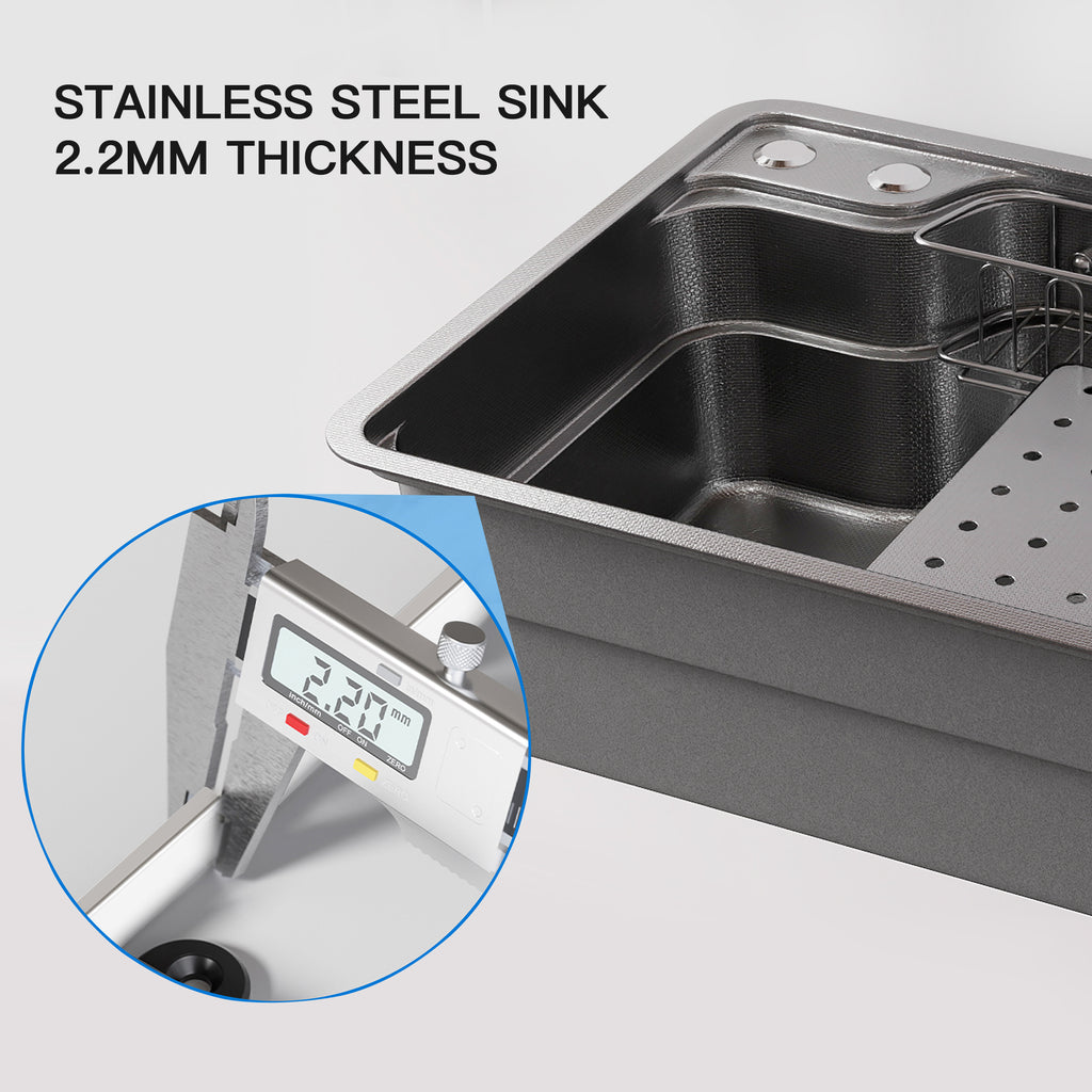 Oasskyo 30 Inch Single Bowl Workstation Kitchen Sink, Black Stainless Steel Drop In Sink with Meat Thawing Rack & Dish Drain Rack