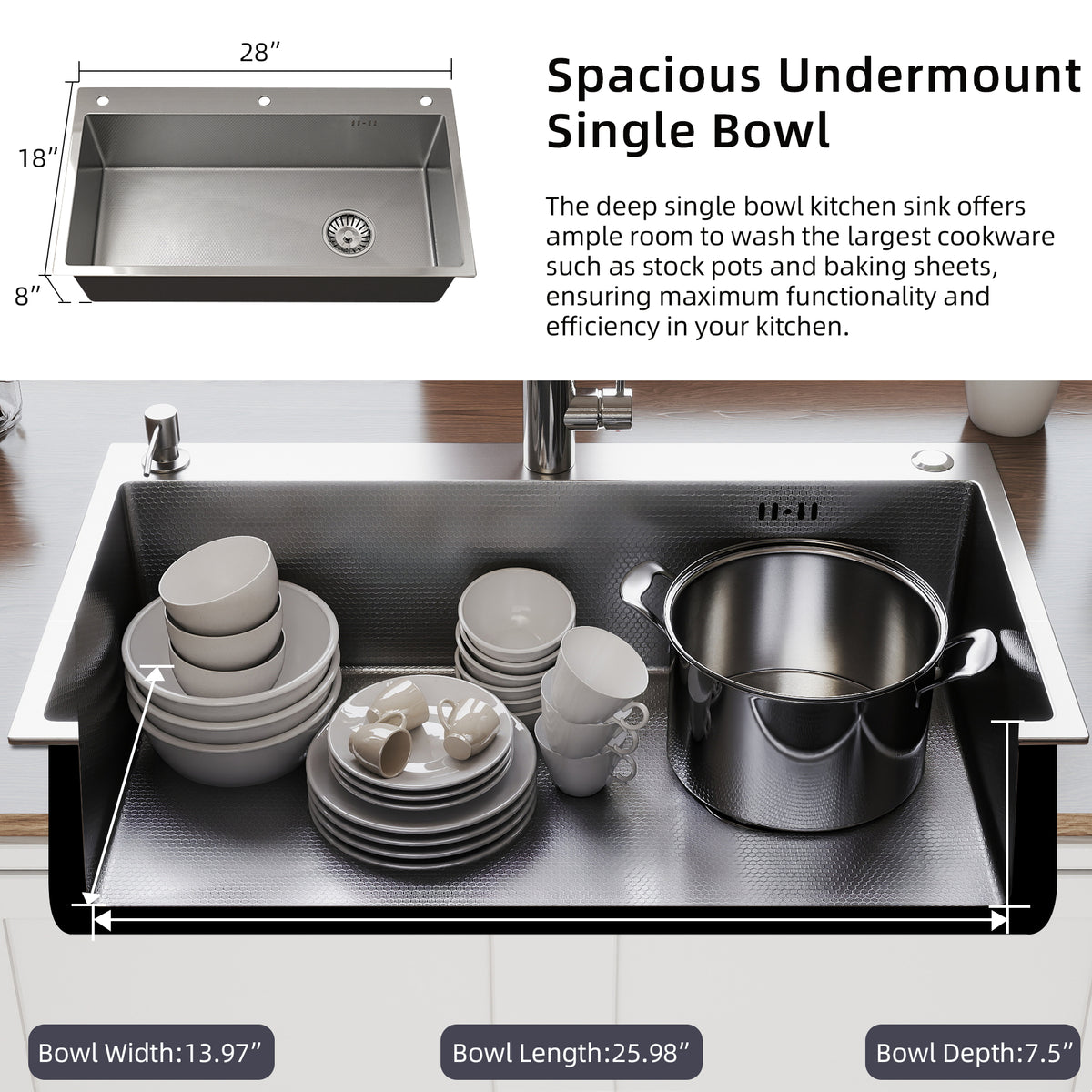 Oasskyo Single Bowl Kitchen Sink, Stainless Steel Black Drop In Sink with Complete Accessories