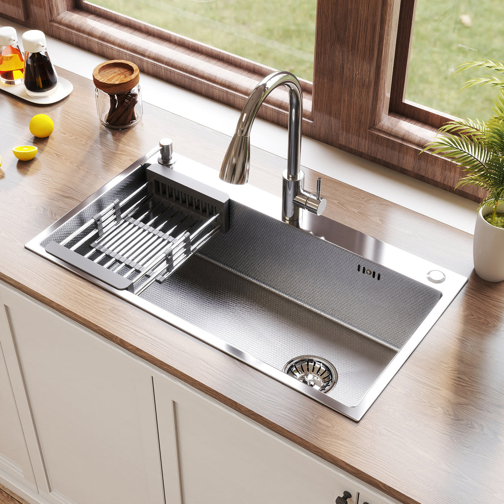 Oasskyo Single Bowl Kitchen Sink, Stainless Steel Black Drop In Sink with Complete Accessories