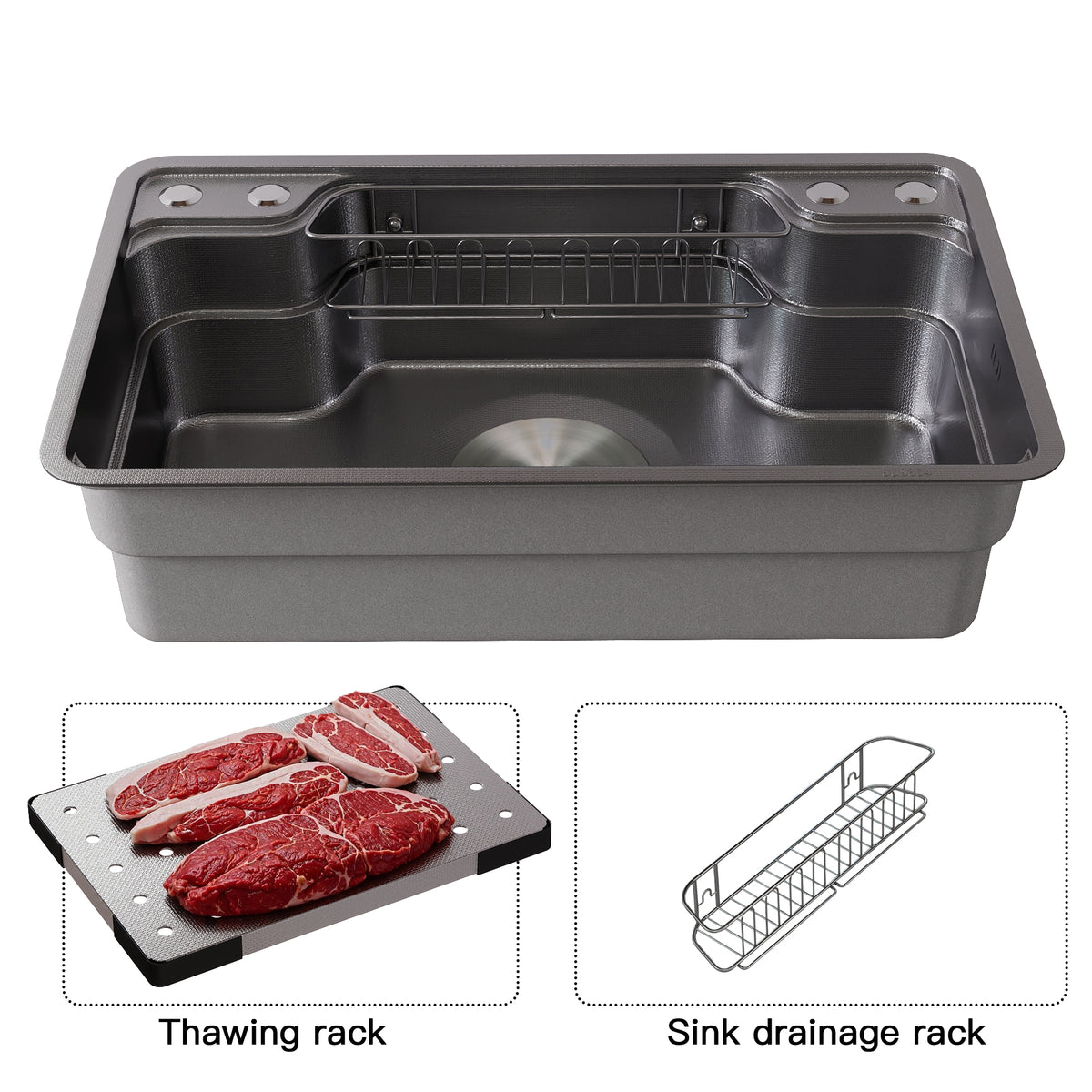 Oasskyo 30 Inch Single Bowl Workstation Kitchen Sink, Black Stainless Steel Drop In Sink with Meat Thawing Rack & Dish Drain Rack