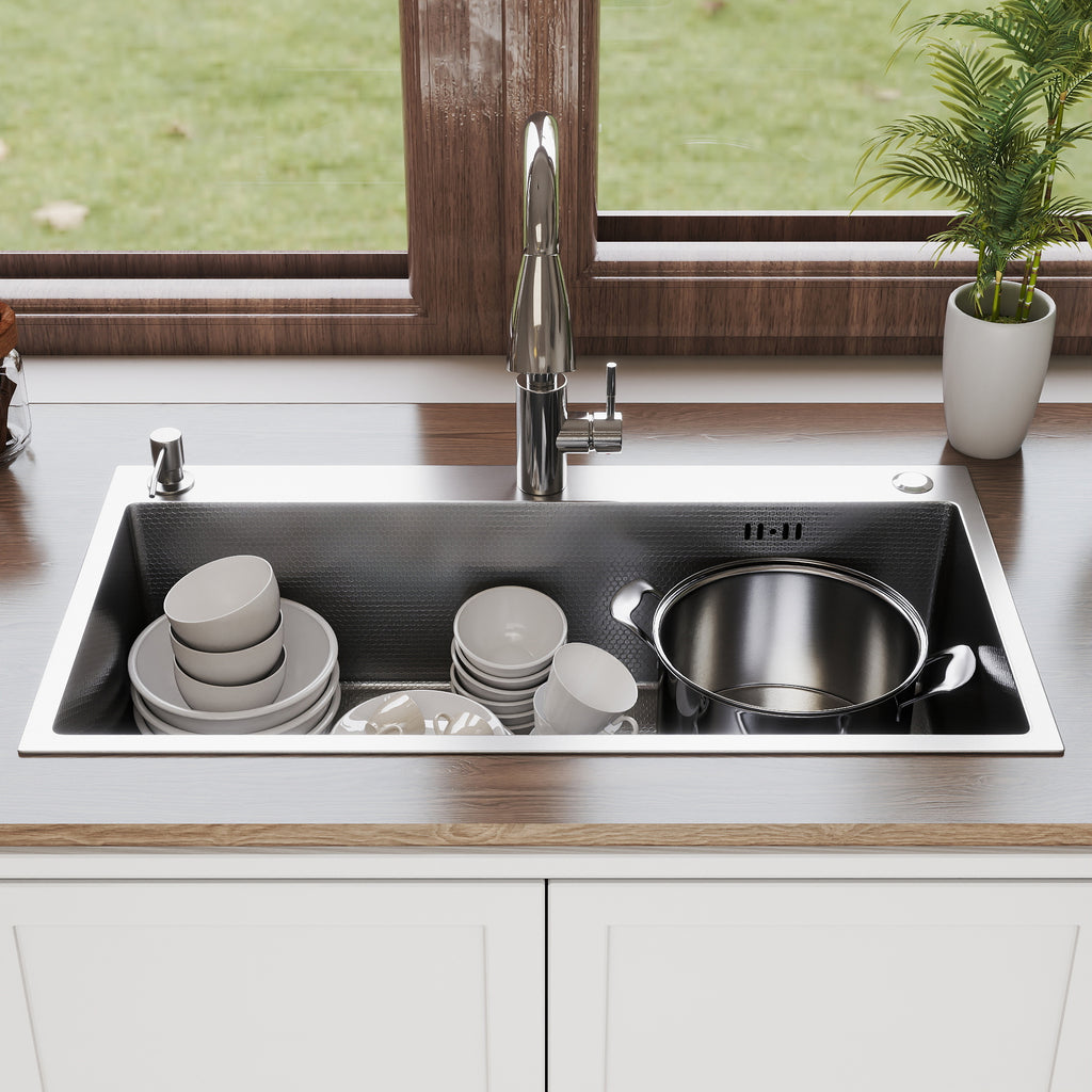 Oasskyo Single Bowl Kitchen Sink, Stainless Steel Black Drop In Sink with Complete Accessories