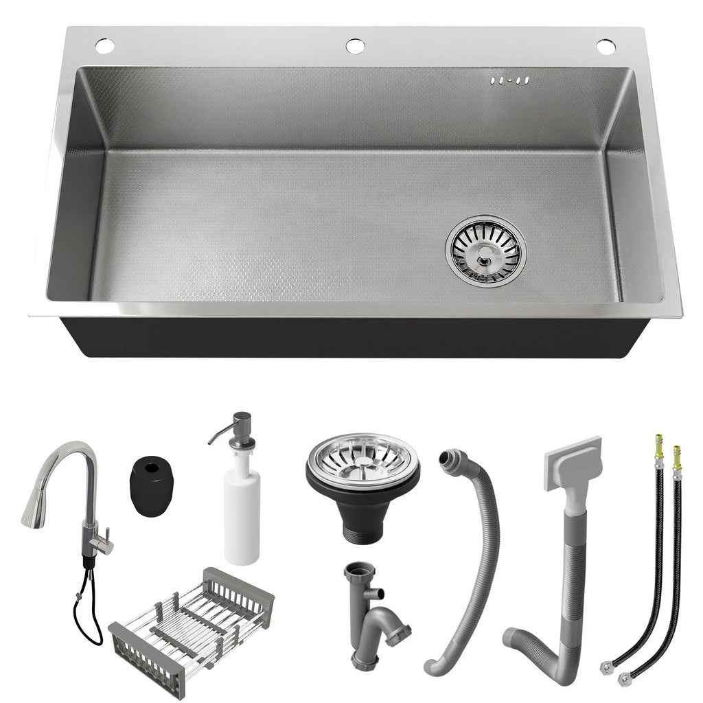 Oasskyo Single Bowl Kitchen Sink, Stainless Steel Black Drop In Sink with Complete Accessories
