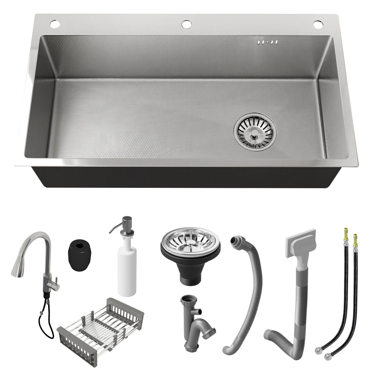 Oasskyo Single Bowl Kitchen Sink, Stainless Steel Black Drop In Sink with Complete Accessories