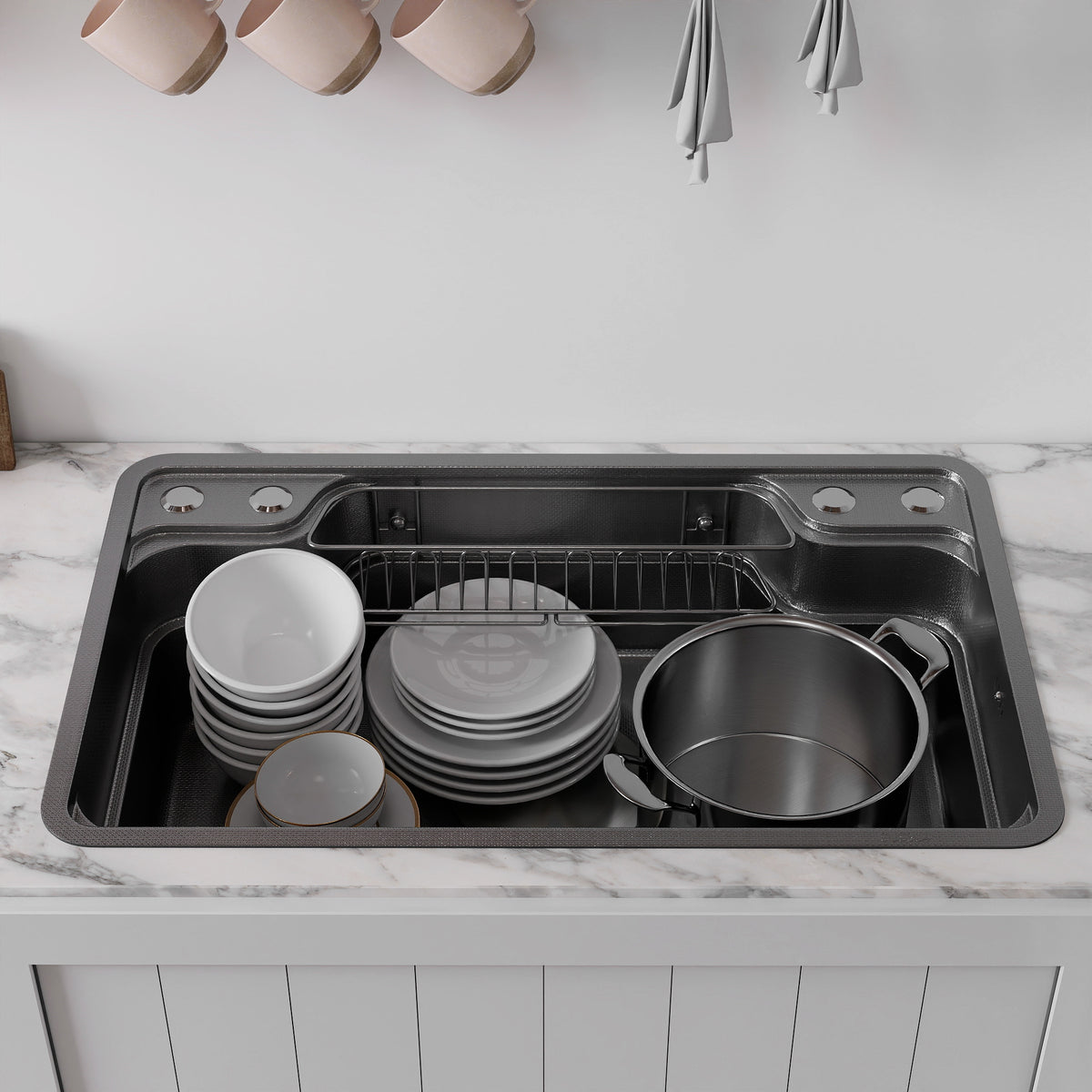 Oasskyo 30 Inch Single Bowl Workstation Kitchen Sink, Black Stainless Steel Drop In Sink with Meat Thawing Rack & Dish Drain Rack
