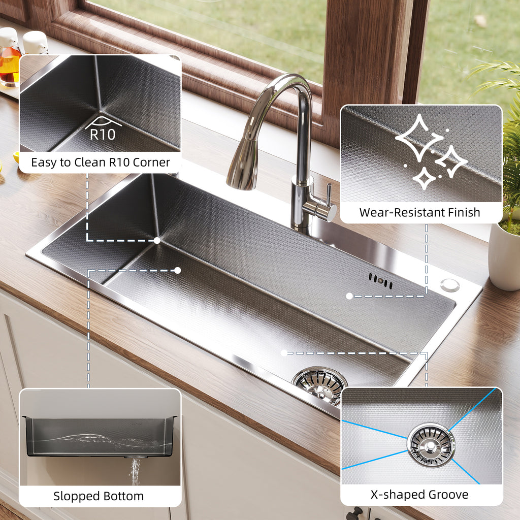 Oasskyo Single Bowl Kitchen Sink, Stainless Steel Black Drop In Sink with Complete Accessories