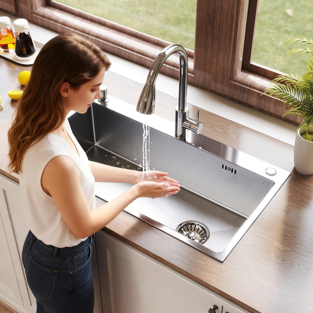 Oasskyo Single Bowl Kitchen Sink, Stainless Steel Black Drop In Sink with Complete Accessories